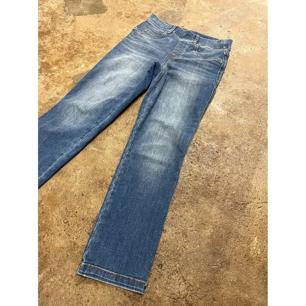 Spanx Jeans Womens Small Blue Denim Cotton Stretch Pull on Mid Rise Straight Leg - Picture 3 of 16